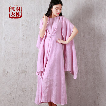 Party Angel summer new light purple cotton and linen pleated temperament two-piece loose and thin shawl dress long