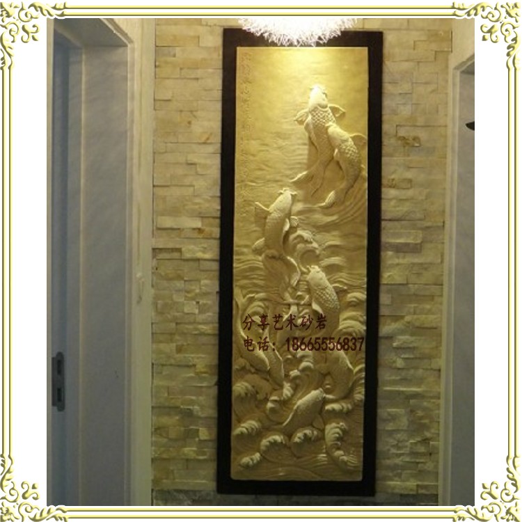 Share sandstone circular carving Sandstone relief background wall carp jumping dragon gate leisure place clubhouse courtyard decoration materials