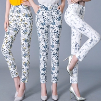 Summer Ice Silk thin women flower pants 9-point pants middle-aged mother ankle-length pants small feet womens pants casual pants high waist