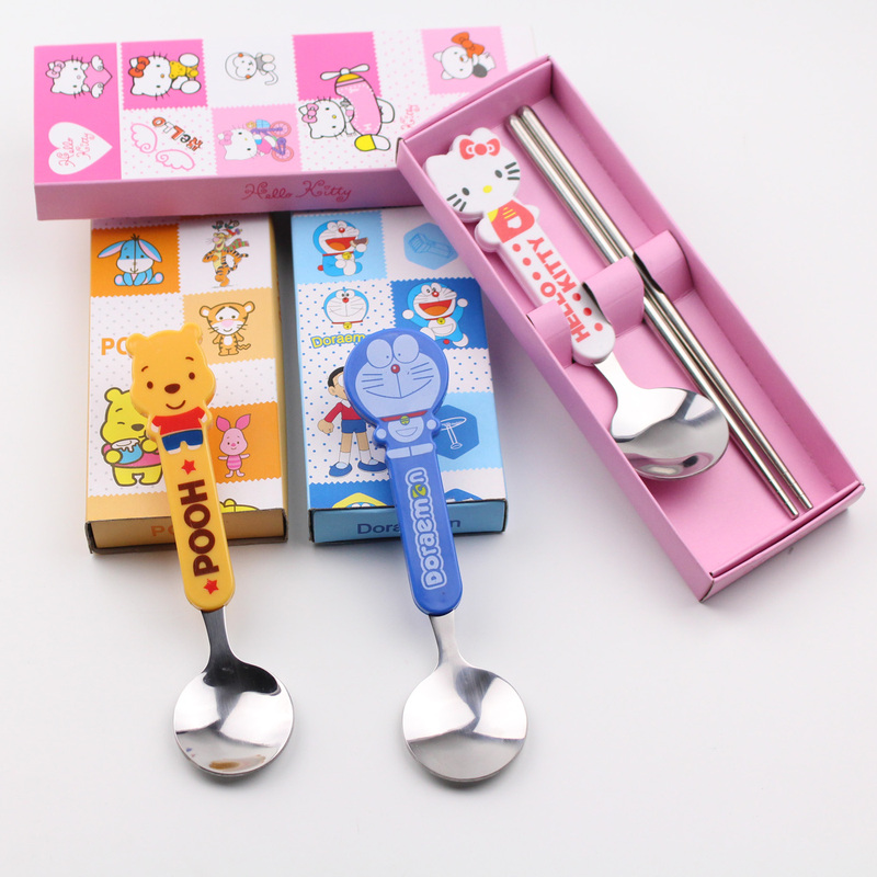 Cute and Creative Stainless Steel Tableware for Kidsren, Cartoon Spoons and Chopsticks Two-Piece Set, Gift Box Tableware, Holiday Gifts