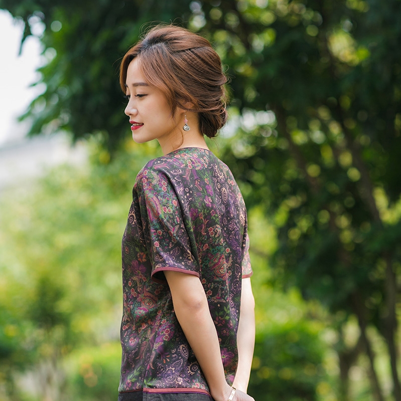 Zhu's original (comeback-geometric) real silk satin cloud yarn retro crumband short sleeves Chinese blouses