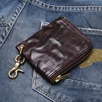 Vintage old mens leather small wallet First layer cowhide wallet Multi-function ultra-thin mini wallet Waist hanging wallet