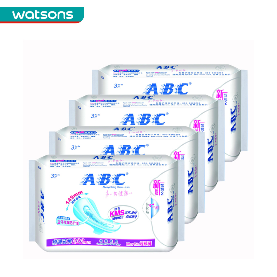 【屈臣氏】套装 ABC超极薄棉柔夜用3片(KMS)*4件