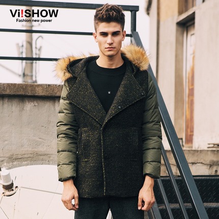 viishow2015冬装新款羽绒服 韩版连帽羽绒外套男 拼接中长款羽绒