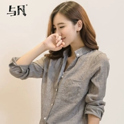 Với 2018 new linen áo sơ mi nữ dài tay áo Han Fan lỏng giản dị hàng đầu trong dài áo sơ mi sinh viên áo khoác