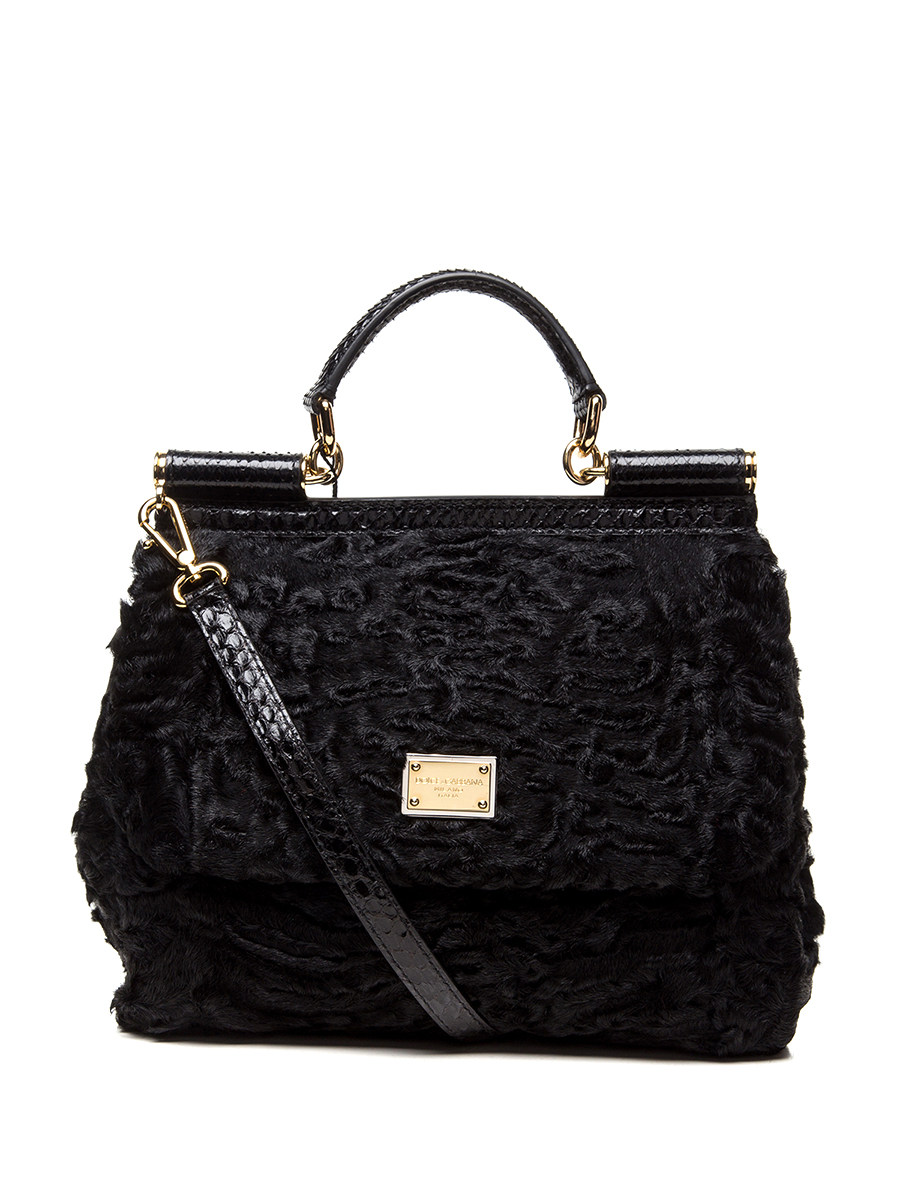 Dolce&Gabbana 黑色蛇纹皮毛拼接翻盖手提肩包