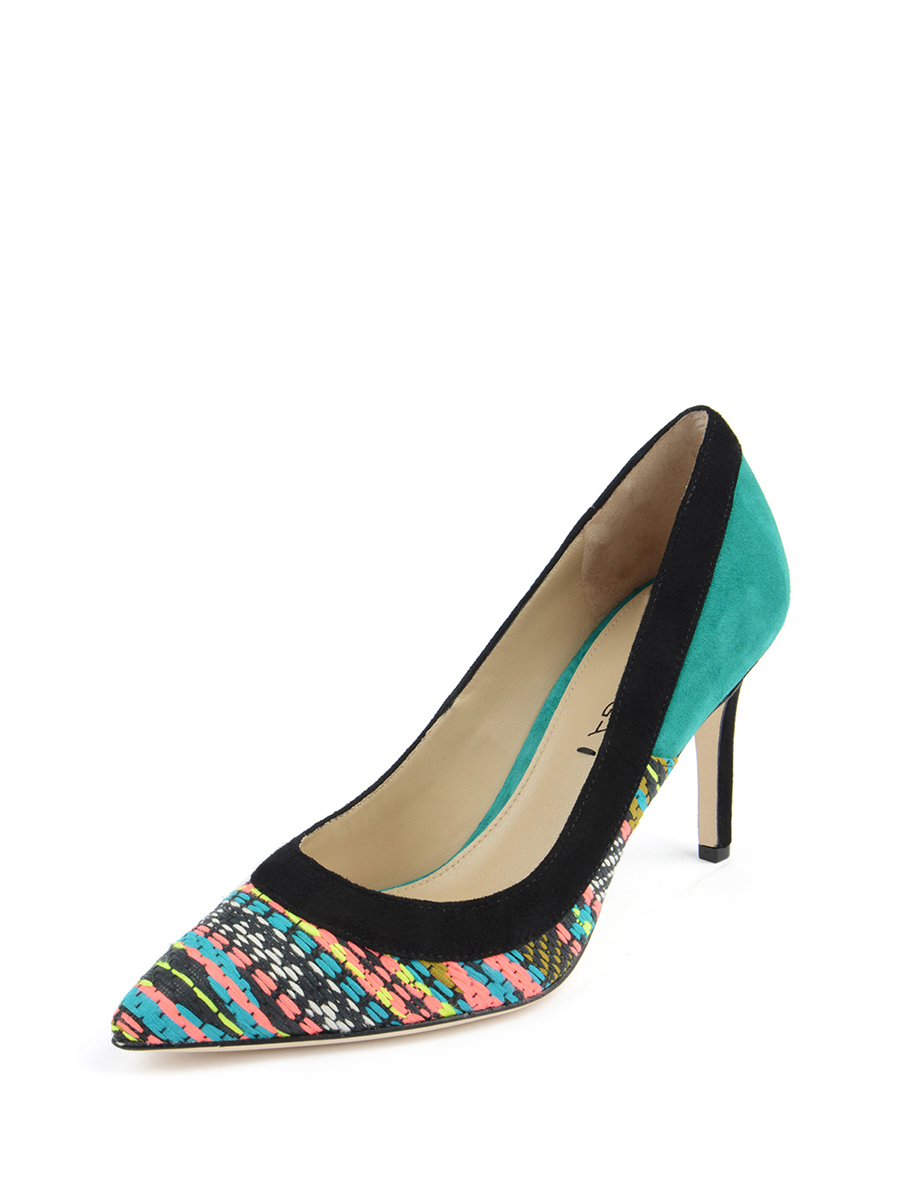 Via Spiga|绿色拼黑色羊绒尖头高跟鞋