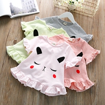 Cute Girl Striped T-shirt Summer New Woman Baby Agaric Side Down Swing T-Shirt Child Short Sleeve Blouse