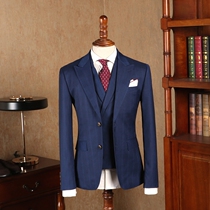 IsirHonour original dark blue plaid retro gentleman slim suit Plaid British suit mens suit