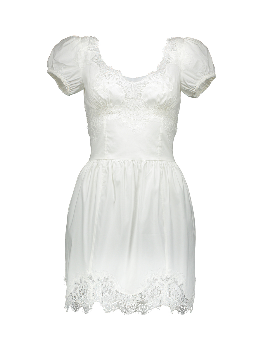 Dolce&Gabbana 白色V领镂空蕾丝拼接式连衣裙