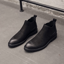 Autumn and winter Chelsea boots mens short boots leather black high-top shoes Europe and the United States British pointed mid-help Martin boots mens tide