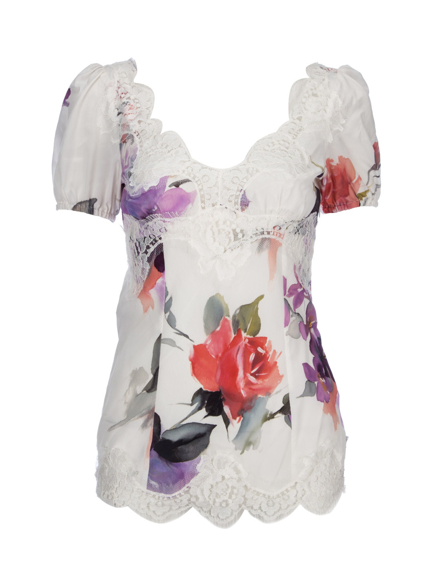 Dolce&Gabbana 白底印花饰蕾丝上衣