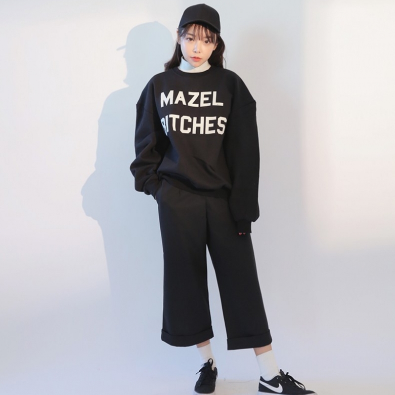 韩国stylenanda官方正品 休闲款折边裤脚露踝阔腿裤-黑色