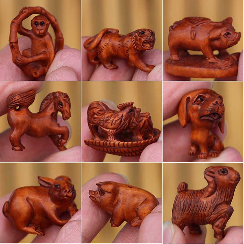 Finely Carved Peach Wood Zodiac Zodiac Zodiac Key Button Necklace Rat Bull Tiger Rabbit Horse Monkey Cock Dog Pig Pendant