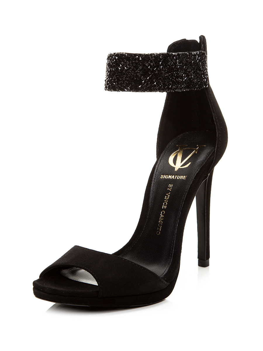 VINCE CAMUTO 黑色饰水钻铆钉露趾细高跟凉鞋