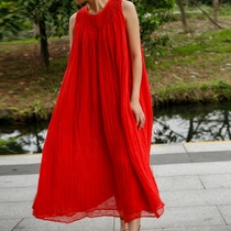 No good sight City summer round neck sleeveless loose red dress Sundress pleated design long skirt children