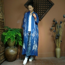 2018 new original blue dye hand-painted kaftan shell button pure hemp long coat literary women sunscreen