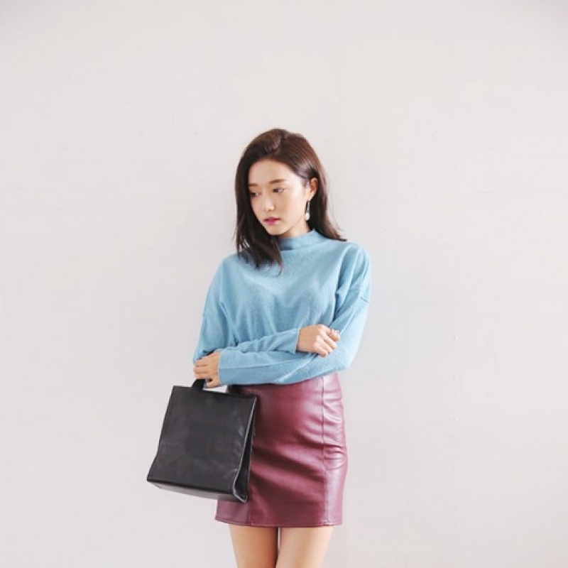韩国stylenanda官方正品 性感修身仿皮H字迷你裙-酒红色
