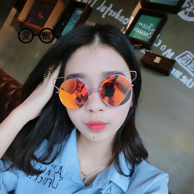 AIDJ Love Beautiful New Retro Round Frame Metal Color Film Sunglasses Hollowed-out Cat Eyes Lady Sunglasses Sunglasses