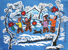 Рисунки акварелью и гуашью 春节正月十五打灯笼过年民风民俗雪景陕西户县农民画尺寸52x38cm