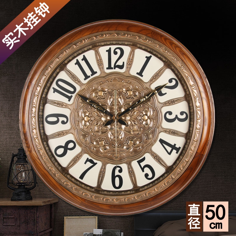 TQJ large solid wood living room wall-mounted bell Eurostyle round hanging table decoration quartz clock table mute bedroom clock