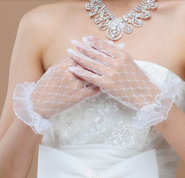 Bridal wedding gauze gloves short lace lace wedding dress accessories summer transparent mesh gauze gloves rice white red black