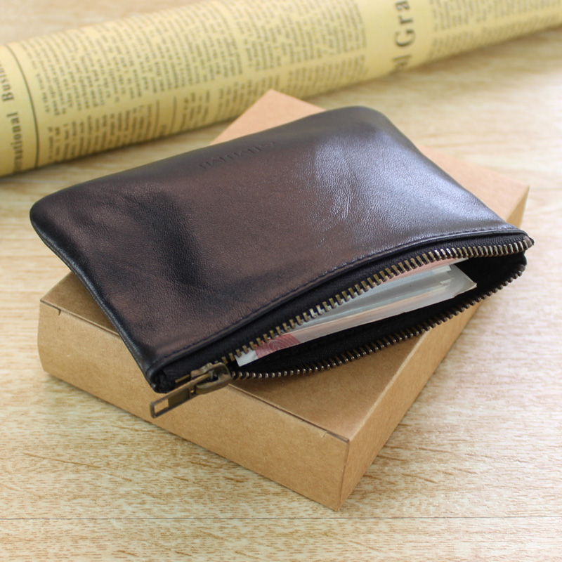 Front layer sheepskin men's mini coin purse simple leather zipper coin bag women's small pouch key bag card bag