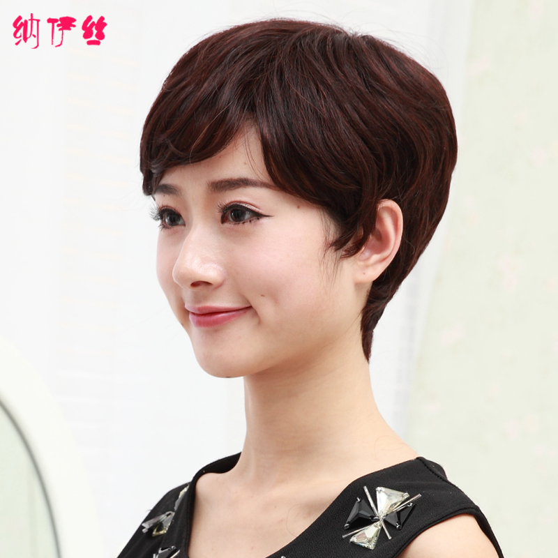 中老年女士整顶假发妈妈款假发头套真发斜刘海时尚短卷发真人发丝