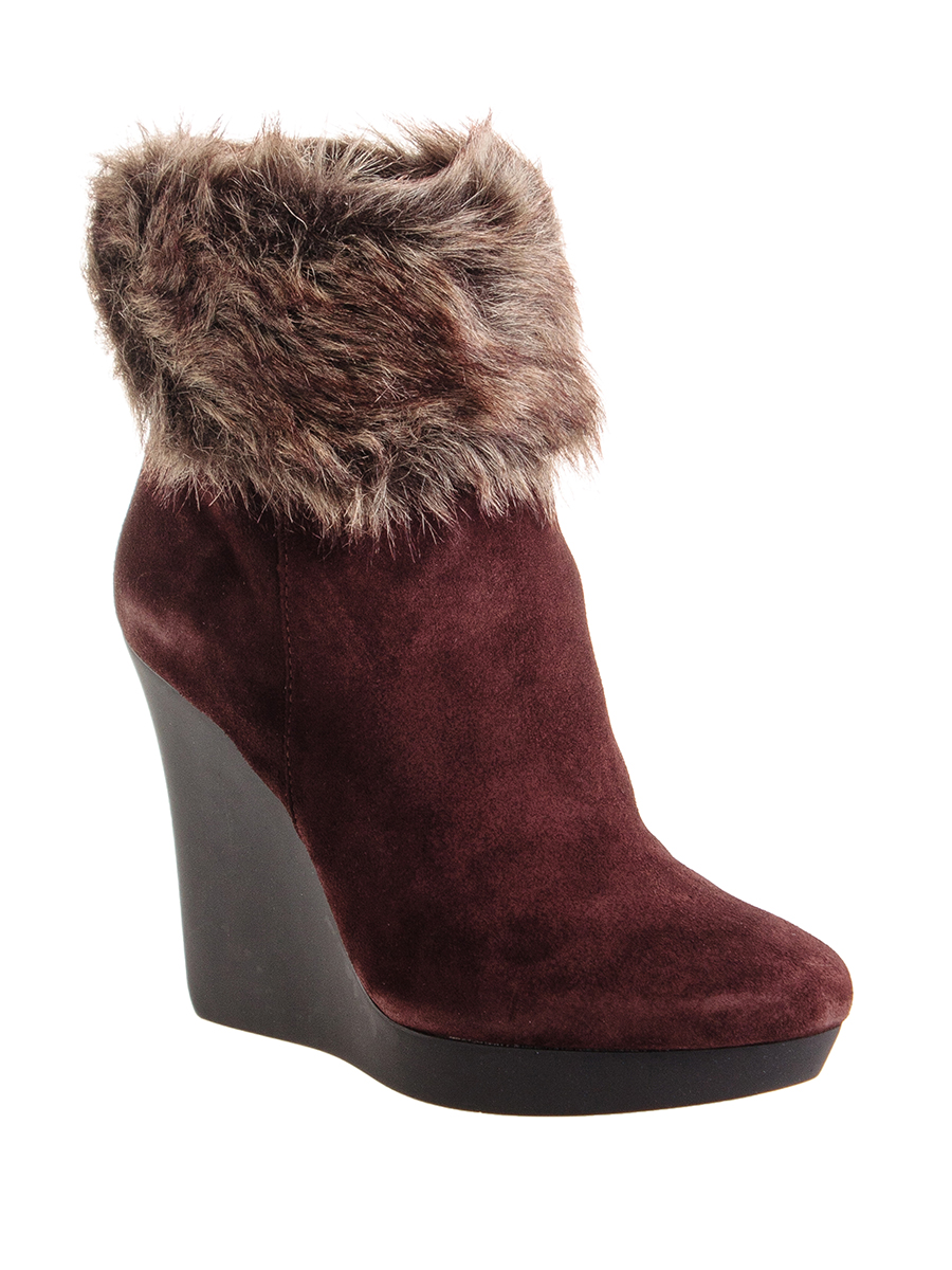 Nine West/玖熙 复古暗红色拼接毛坡跟短靴