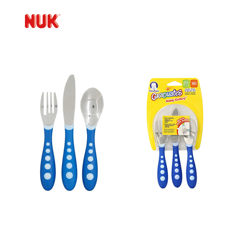 美国NUK Gerber幼儿不锈钢防滑易握勺子/叉子/餐刀 宝宝餐具