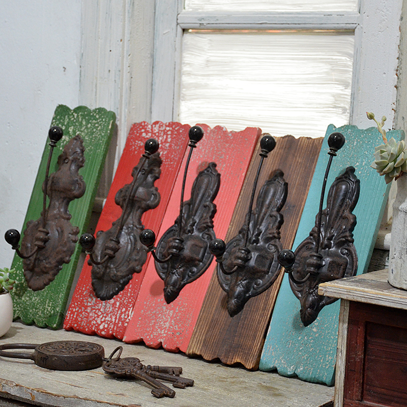 Solid wood hook European and American retro wrought iron wall decorations wall hanging hallway coat rack