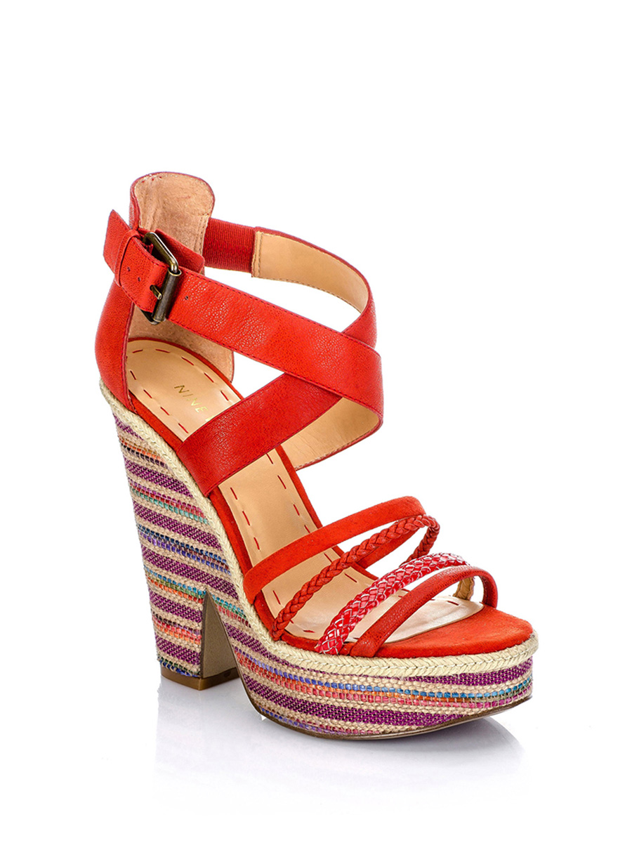 Nine West/玖熙 红色交叉花纹厚底高跟鞋