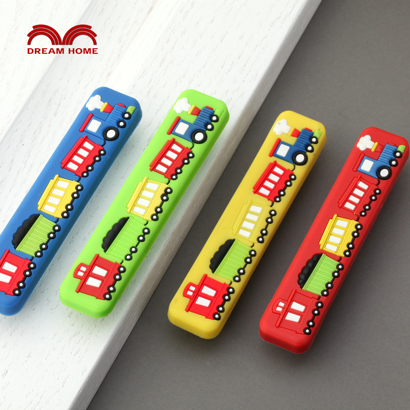 Children's room Small train Soft rubber Cartoon Safety Handle Red Yellow Blue Green Drawer Wardrobe Door Boy Nursery School Baby