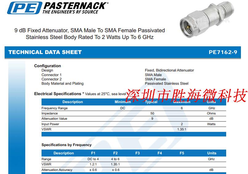 PASTERNACK PE7162-9 9dB DC-6GHz 2W DC-6GHz SMA Radio Frequency coaxial fixed attenuator