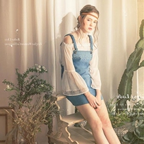 Summer dress hipster resort style heavy industry embroidery silk wrinkled chiffon top denim strap dress