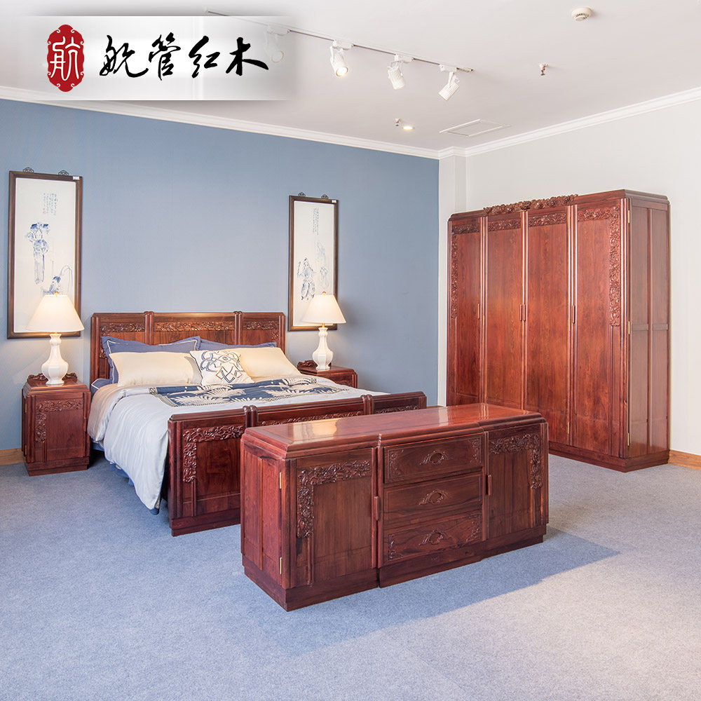 (Air traffic mahogany) Bali rosewood (red rosewood) peony flower bedroom furniture set of five
