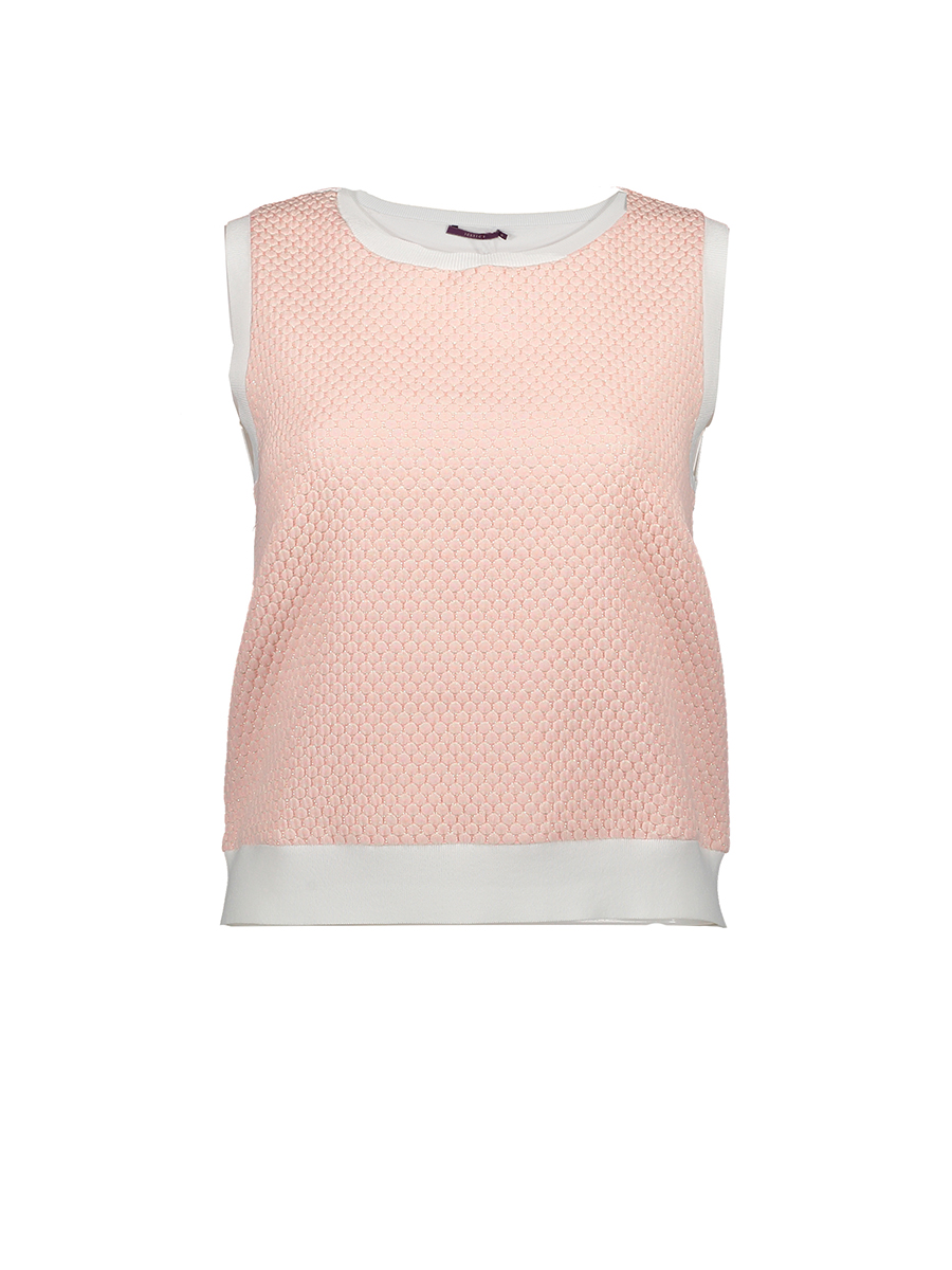 JESSICA 西柚色拼接立体格纹针织衫