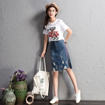 Denim skirt female European station vintage Joker spring and summer new products slim high waist student skirt female hole A- line dress