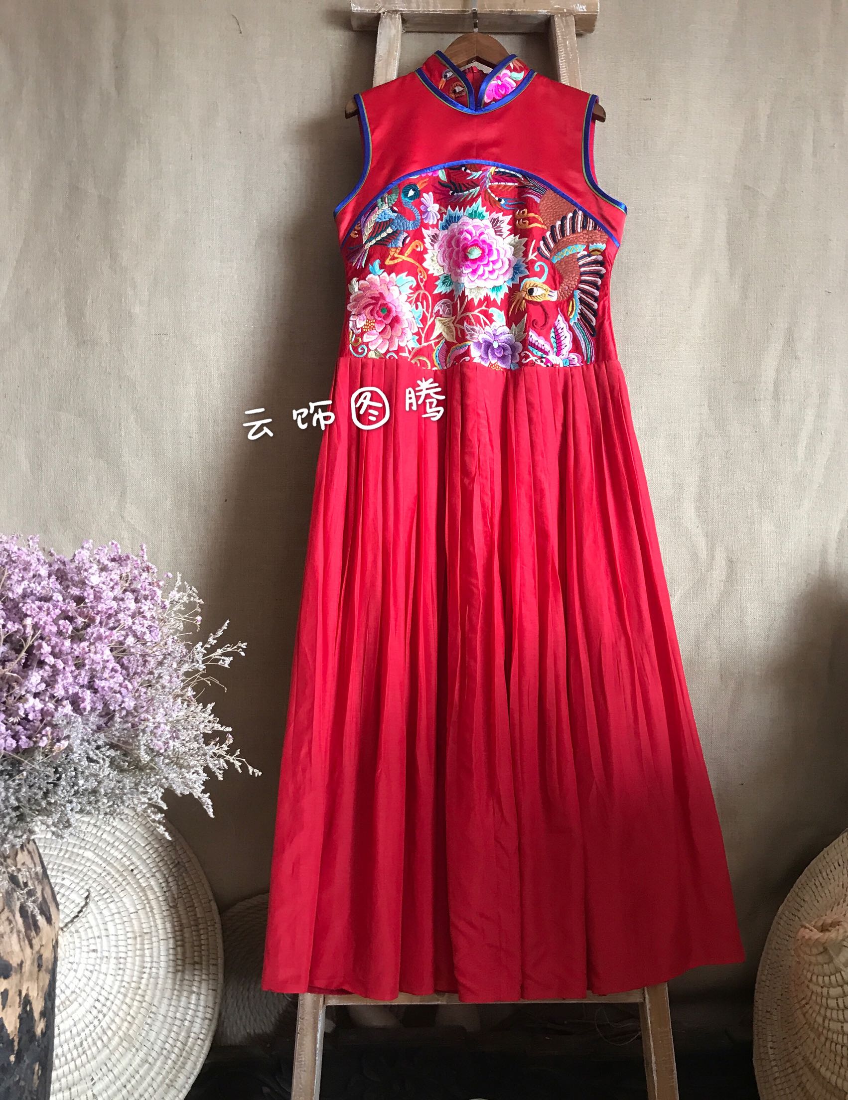 Cloud totem original design women's dress handmade embroidered peony silk satin jumpsuit long dress slim dress