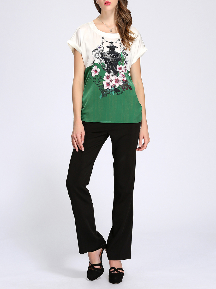 THEOPHILE 白色拼绿色印花短袖桑蚕丝上衣