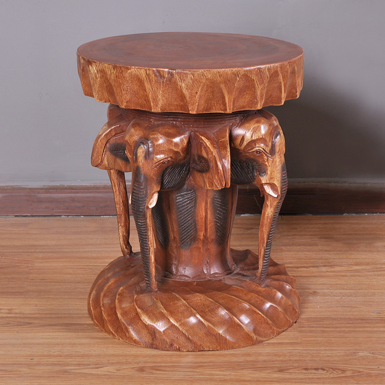 Southeast Asian style wood carving elephant changing shoe stool Thailand creative lucky elephant solid wood stool Thai log storage stool