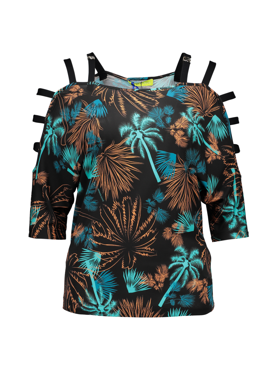 versace jeans 黑色露肩条纹带饰五分袖上衣