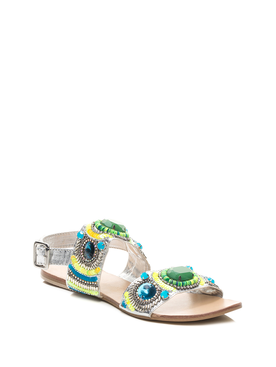 Nine West/玖熙 蓝绿钉珠双带饰平底凉鞋