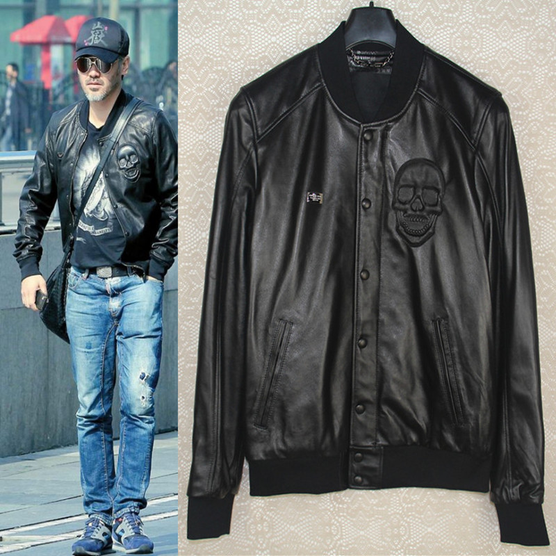 Skull Skull leather Leather Clothing Male Sheep Leather Jacket Henning Baseball Collar Repair Locomotive Jacket Wu Xiu Po Tong