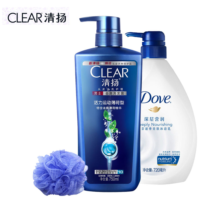 清扬男士洗发露/水活力运动750ml+多芬深层营润沐浴乳720+套装