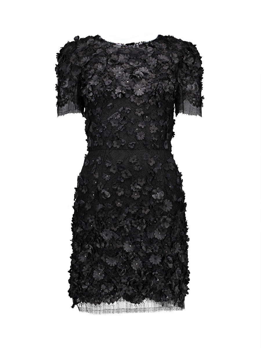 Dolce&Gabbana 黑色手工钉珠花朵饰蕾丝连衣裙