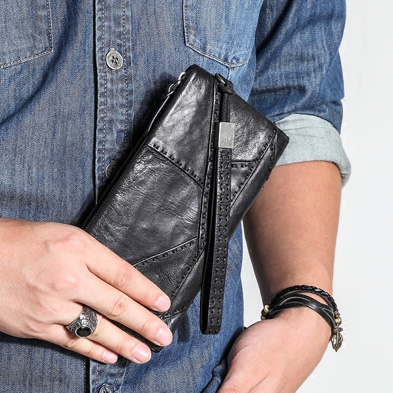 Handmade genuine leather wallet men's long zipper wallet personality men's wallet sheepskin youth vintage trend men's clutch bag