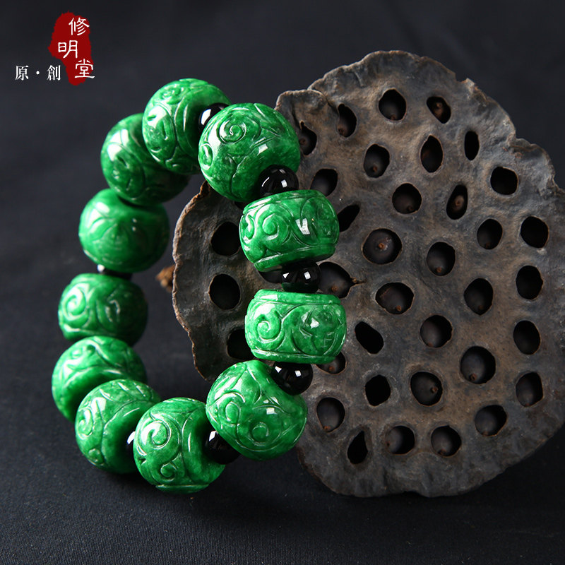 修明堂 缅甸天然干青种干青玉 鼓珠大气男女手串手链 媲美铁龙生