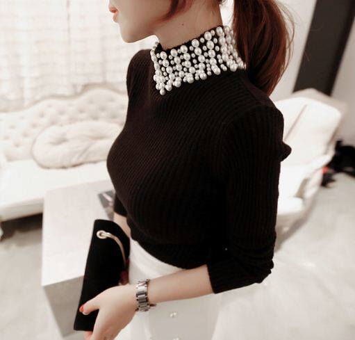 South Korea imported spot light luxury elegant romantic pearl retro high collar beaded slim fashion base thin sweater