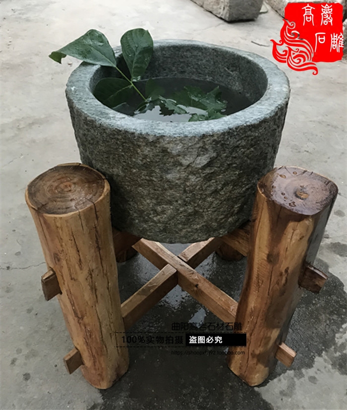 Old Stone Mill Old Stone Trough Fish Tank Flower Pot wood frame Older stone Round basin Wash Basin Water Landscape Pendulum sink vat